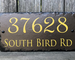 Customizable Slate Home Address House Sign - Gold or Silver Embossed Effect on Brown - Handmade and Personalized