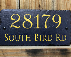 Customizable Slate Home Address House Sign - Gold or Silver Embossed Effect on Blue - Handmade and Personalized