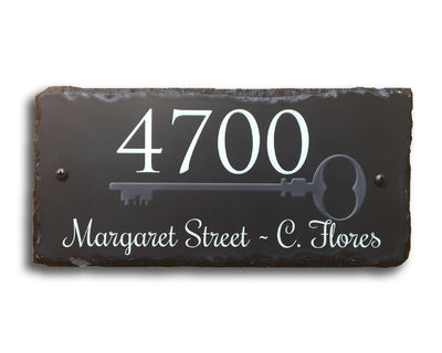 Customizable Slate Home Address House Sign - Silver Key on Black - Handmade and Personalized