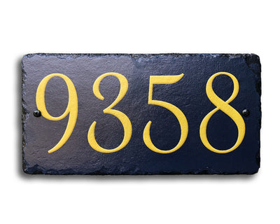 Customizable Slate Home Address House Number Sign - Gold or Silver Embossed Effecton Blue - Handmade and Personalized