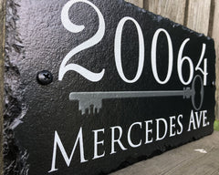 Customizable Slate Home Address House Sign - Silver Key on Black - Handmade and Personalized