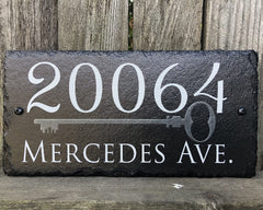 Customizable Slate Home Address House Sign - Silver Key on Black - Handmade and Personalized