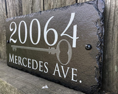 Customizable Slate Home Address House Sign - Silver Key on Black - Handmade and Personalized