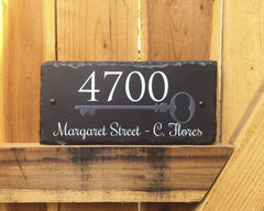 Customizable Slate Home Address House Sign - Silver Key on Black - Handmade and Personalized